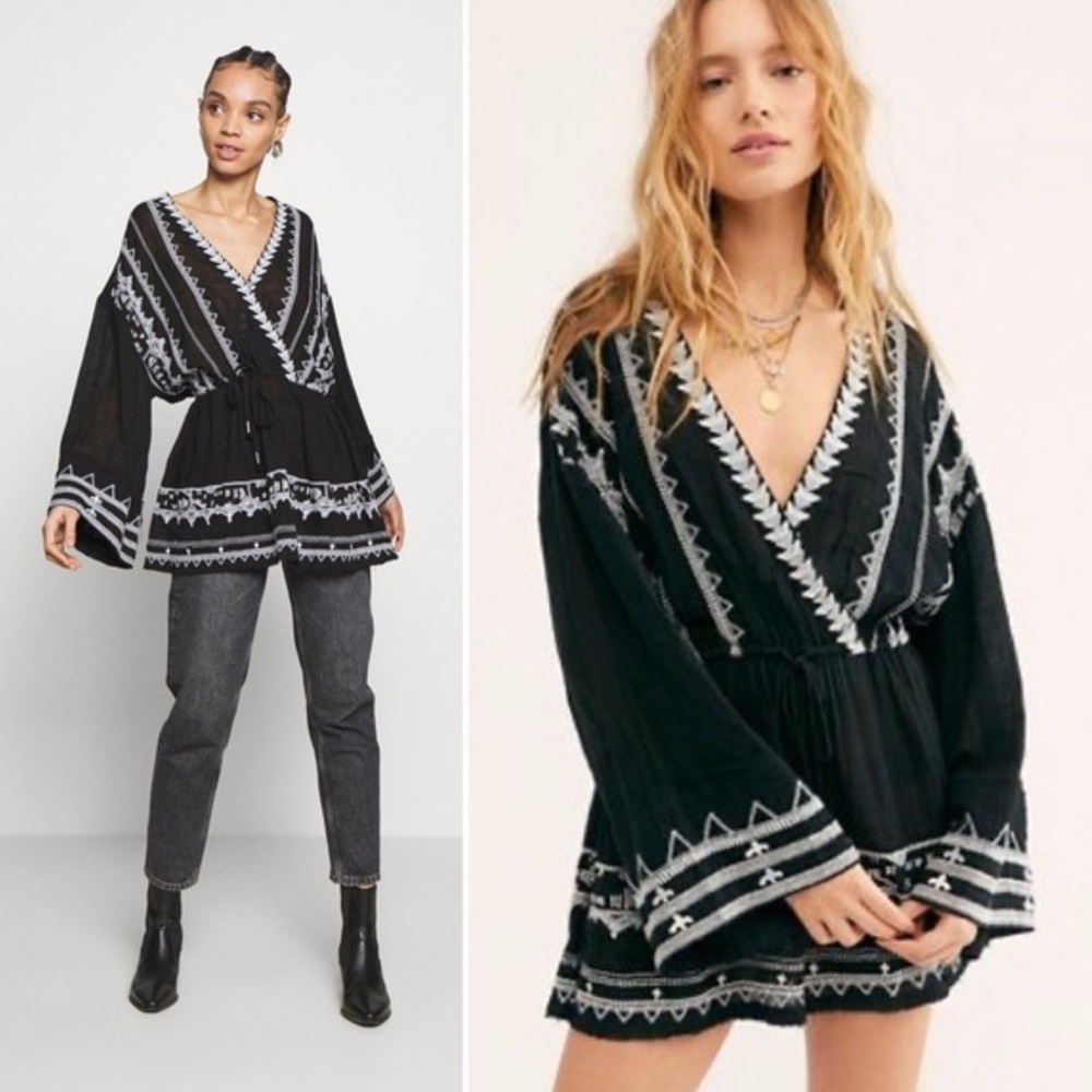 Free People bohemian boho Black and White Embroidered Tunic